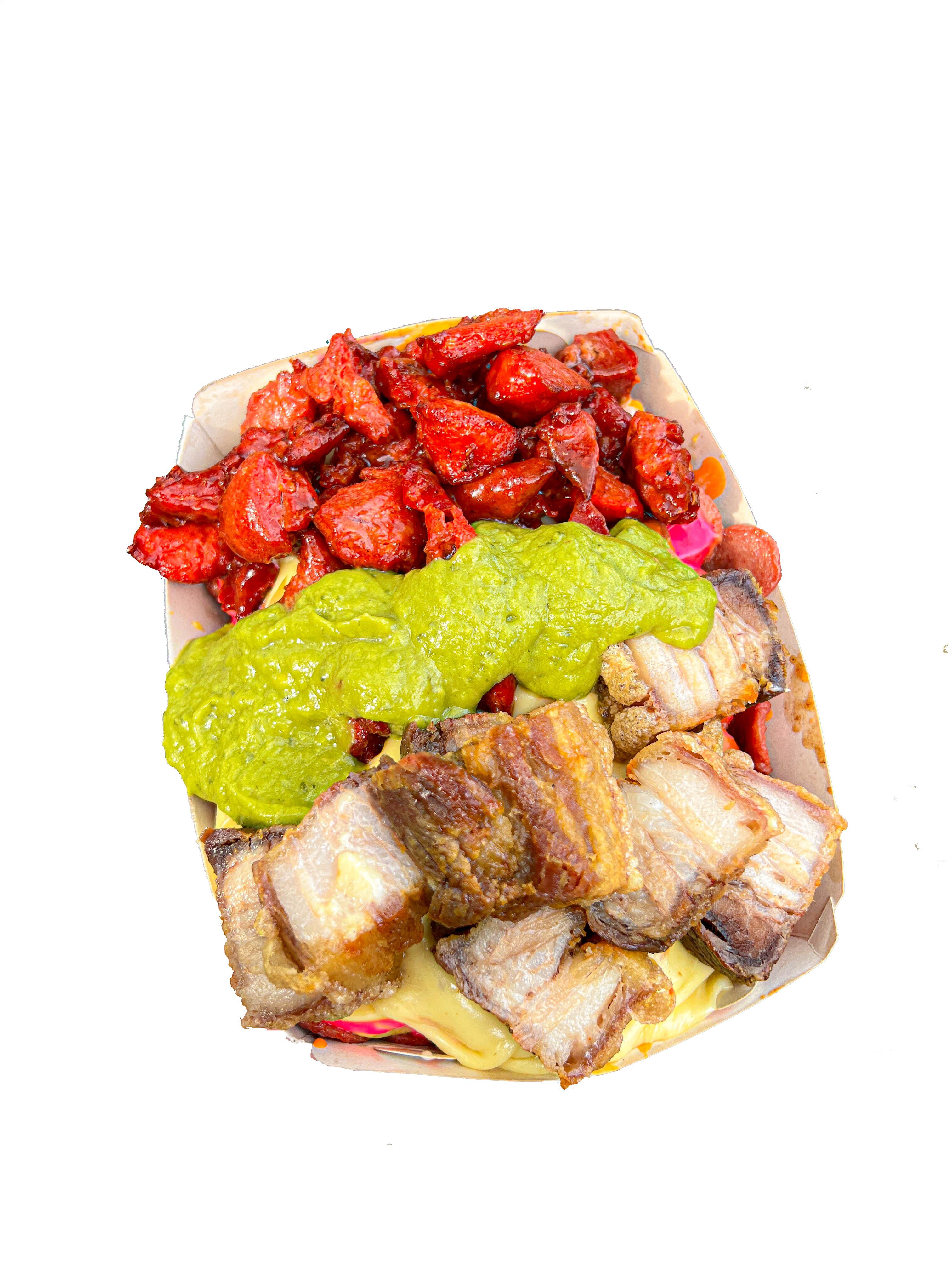 Salchipapa Chicharrón y costilla para 2 personas papa francesa | Salchimonster